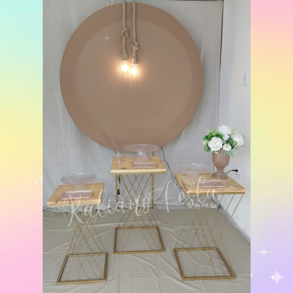 Bege Com Cristal Redondo Mesas de Ferro - Kit Premium - Kaliane Festa Pegue e Monte