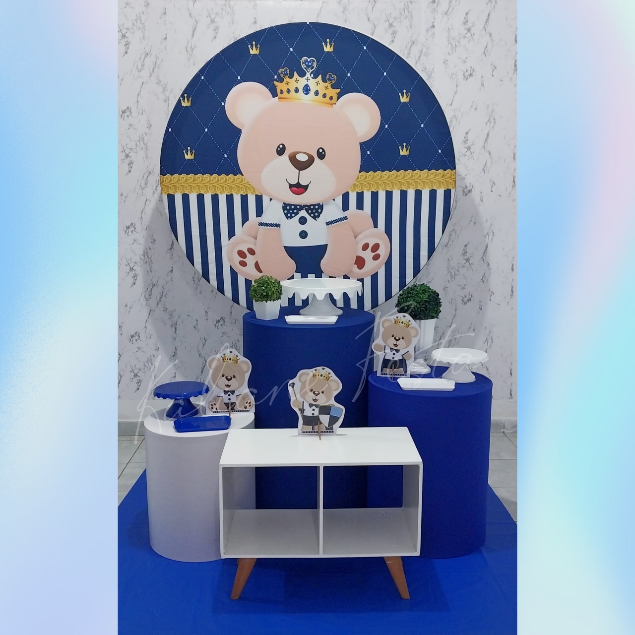  Ursinho Rei Azul Escuro - Kit Prata - Kaliane Festa Pegue e Monte
