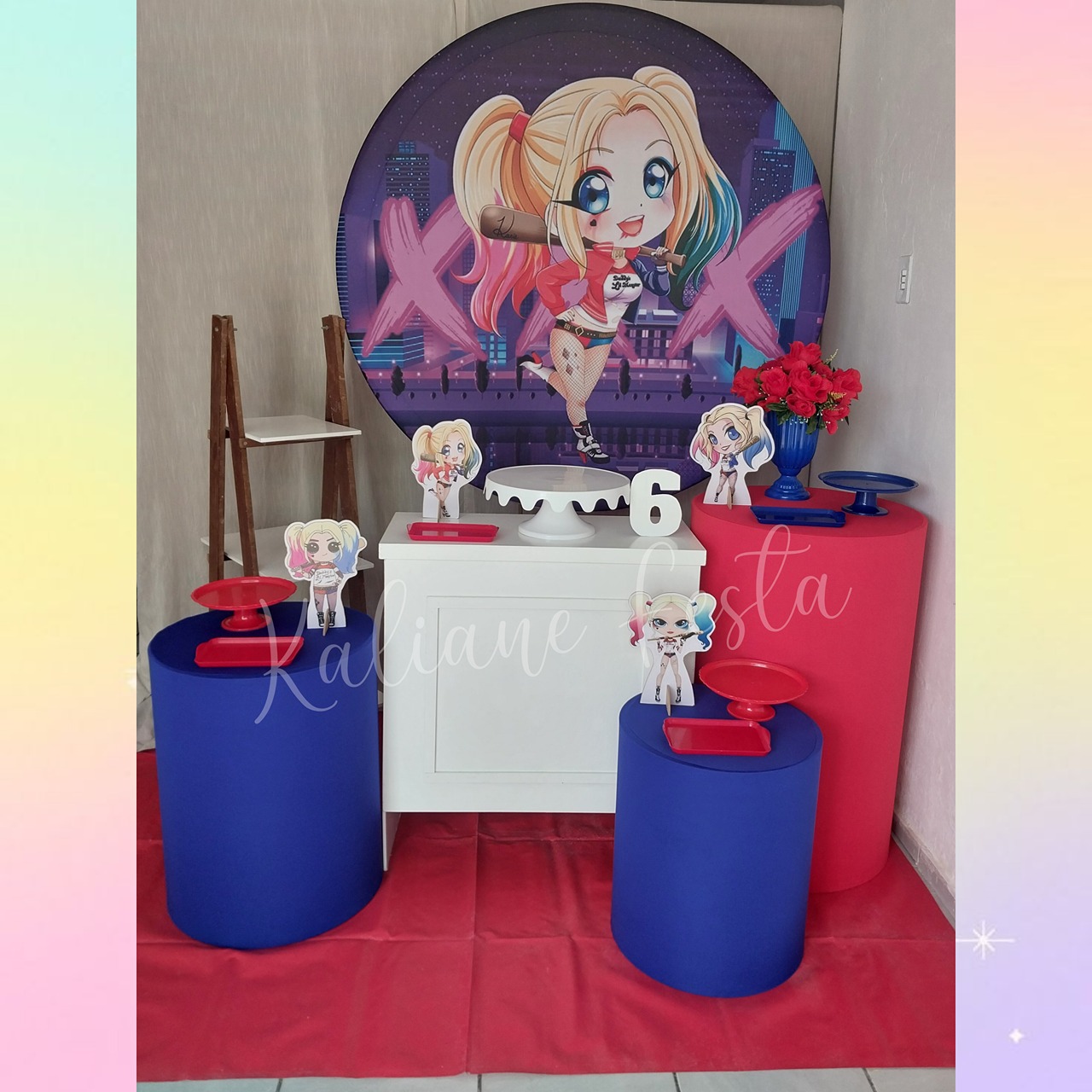  Arlequina Azul E Vermelho - Kit Ouro - Kaliane Festa Pegue e Monte
