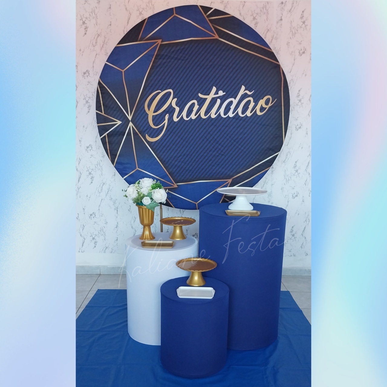  Azul E Branco Redondo Gratidão - Kit Redondo Classic - Kaliane Festa Pegue e Monte