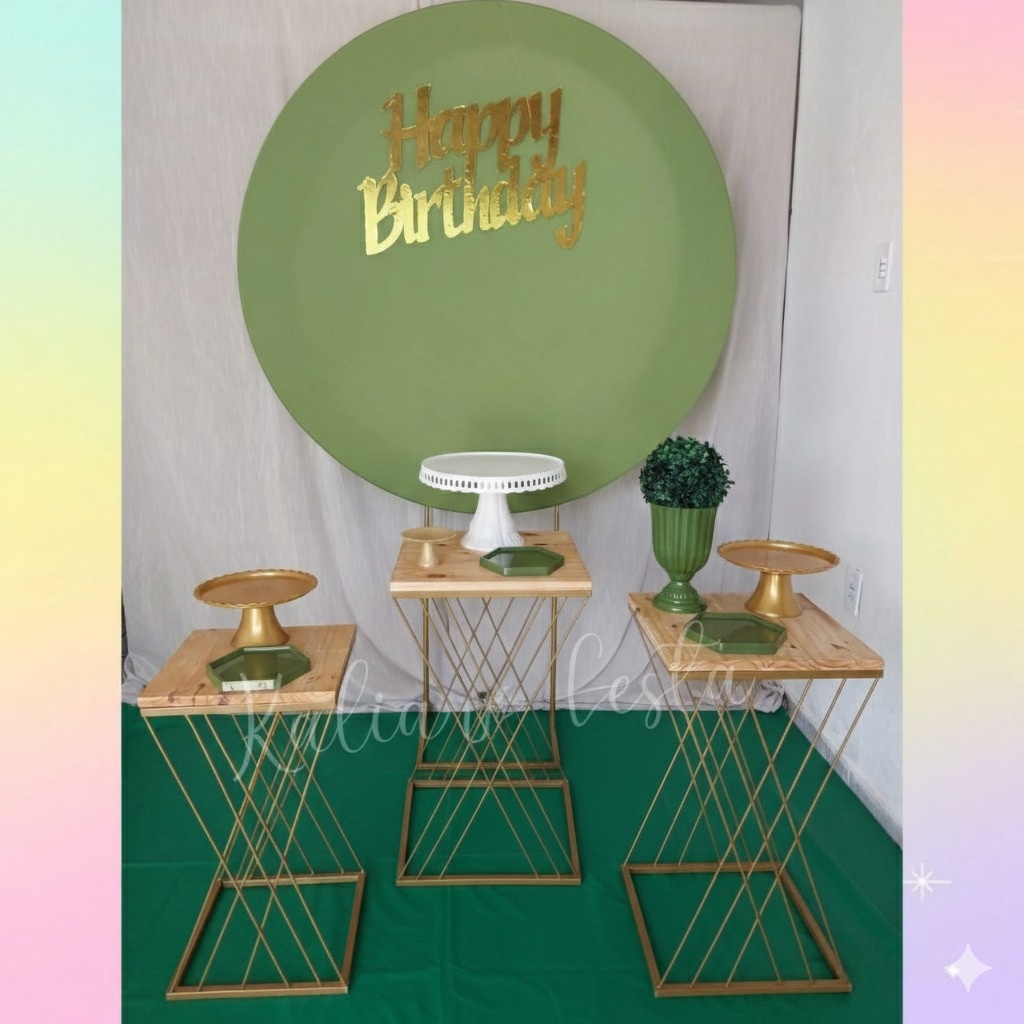 Verde Oliva Com Dourado Redondo Mesas de Ferro - Kit Premium - Kaliane Festa Pegue e Monte