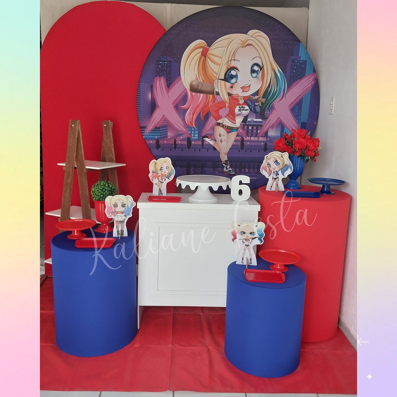 Arlequina Azul E Vermelho  - Kaliane Festa Pegue e Monte