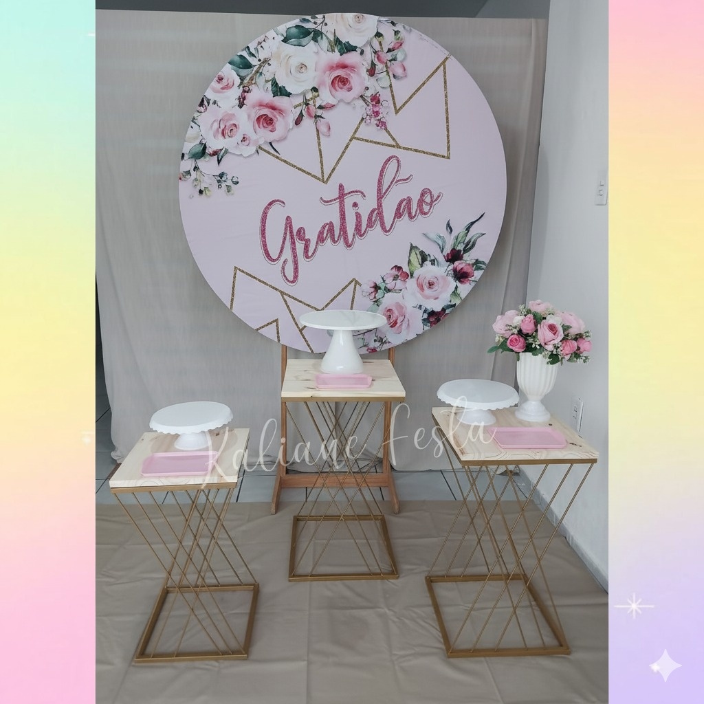 Rosa Com Branco Redondo Mesas de Ferro - Kit Premium - Kaliane Festa Pegue e Monte