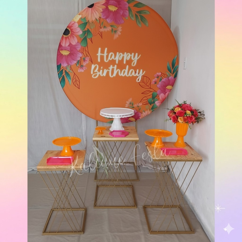  Laranja E Pink Happy Birthday Redondo Mesas de Ferro - Kit Premium - Kaliane Festa Pegue e Monte