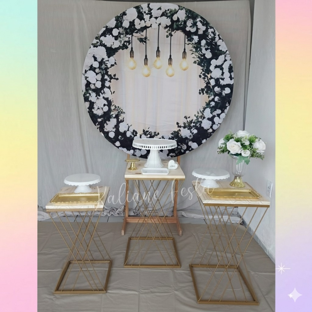 Casamento Branco Com Dourado Com Flores Redondo Mesas de Ferro - Kit Premium - Kaliane Festa Pegue e Monte