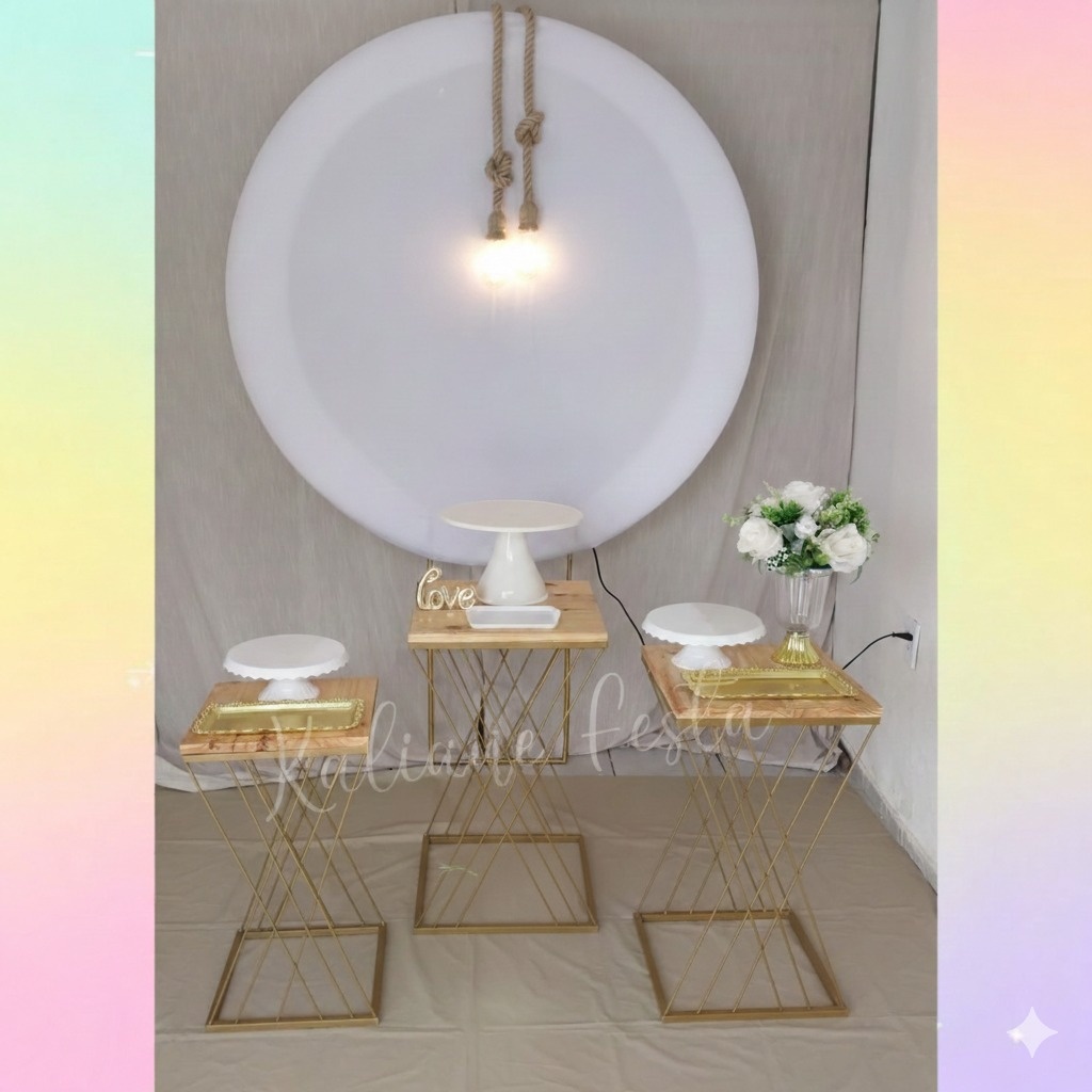 Branco Com Dourado Redondo Mesas de Ferro - Kit Premium - Kaliane Festa Pegue e Monte