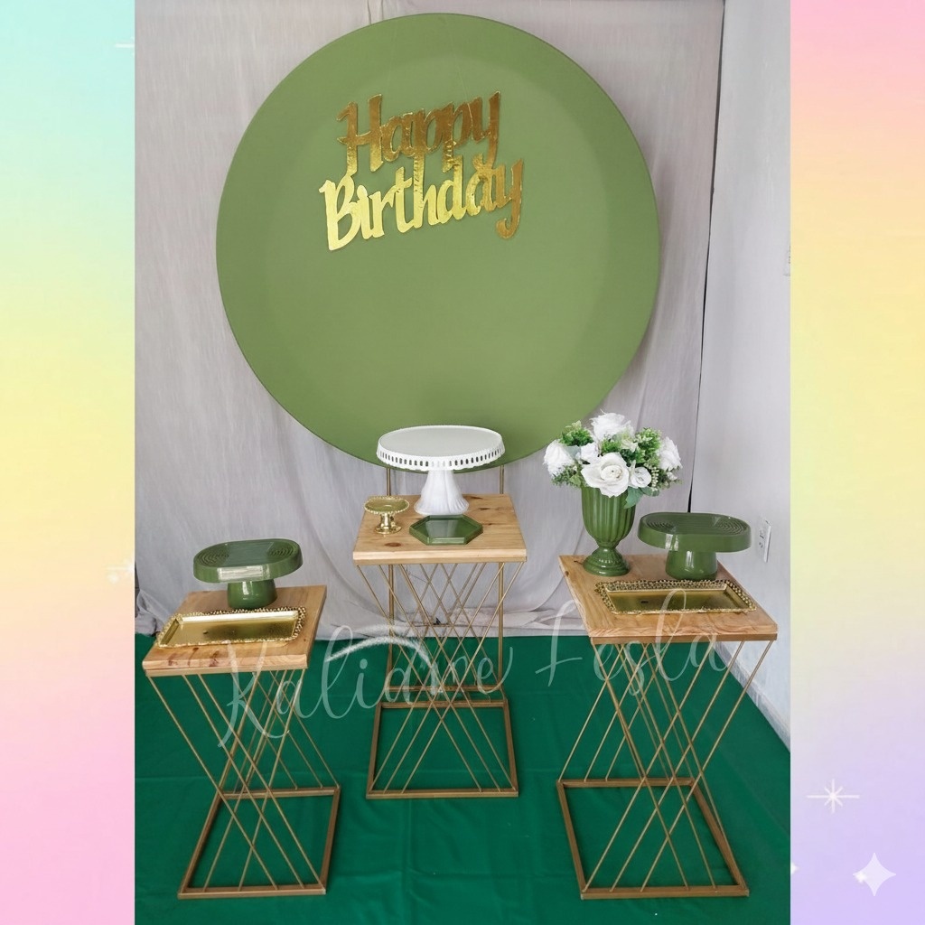 Verde Oliva Com Dourado Feminino Redondo Mesas de Ferro - Kit Premium - Kaliane Festa Pegue e Monte