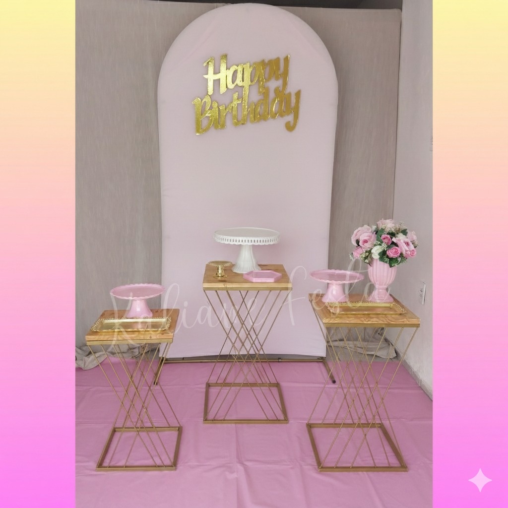 Rosa Com Dourado Mesas de Ferro - Kit Premium - Kaliane Festa Pegue e Monte