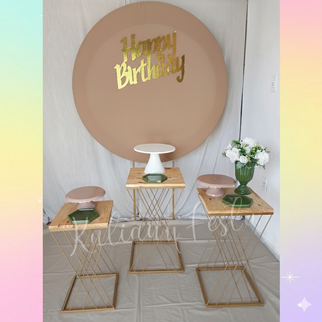 Bege Com Verde Oliva Redondo Mesas de Ferro - Kit Premium  - Kaliane Festa Pegue e Monte