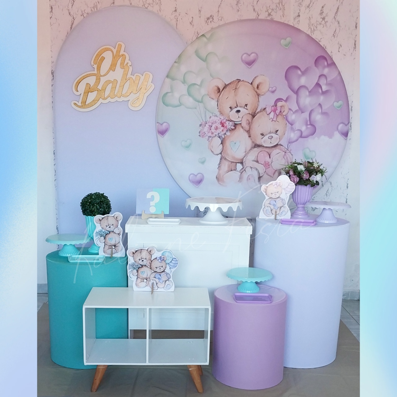 Chá Revelação Lilás E Verde Água Ursinhos - Kit Diamante - Kaliane Festa Pegue e Monte