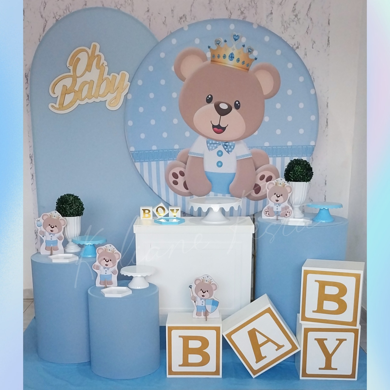  Ursinho Rei Azul Claro +  Cubos Baby - Kit Diamante - Kaliane Festa Pegue e Monte