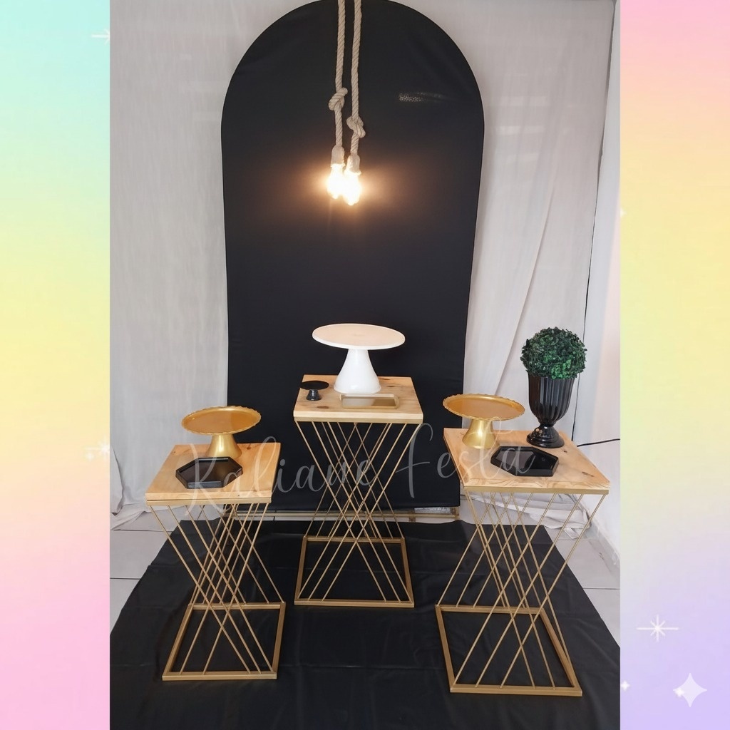 Preto E Dourado Com Luzes Mesas de Ferro - Kit Premium - Kaliane Festa Pegue e Monte