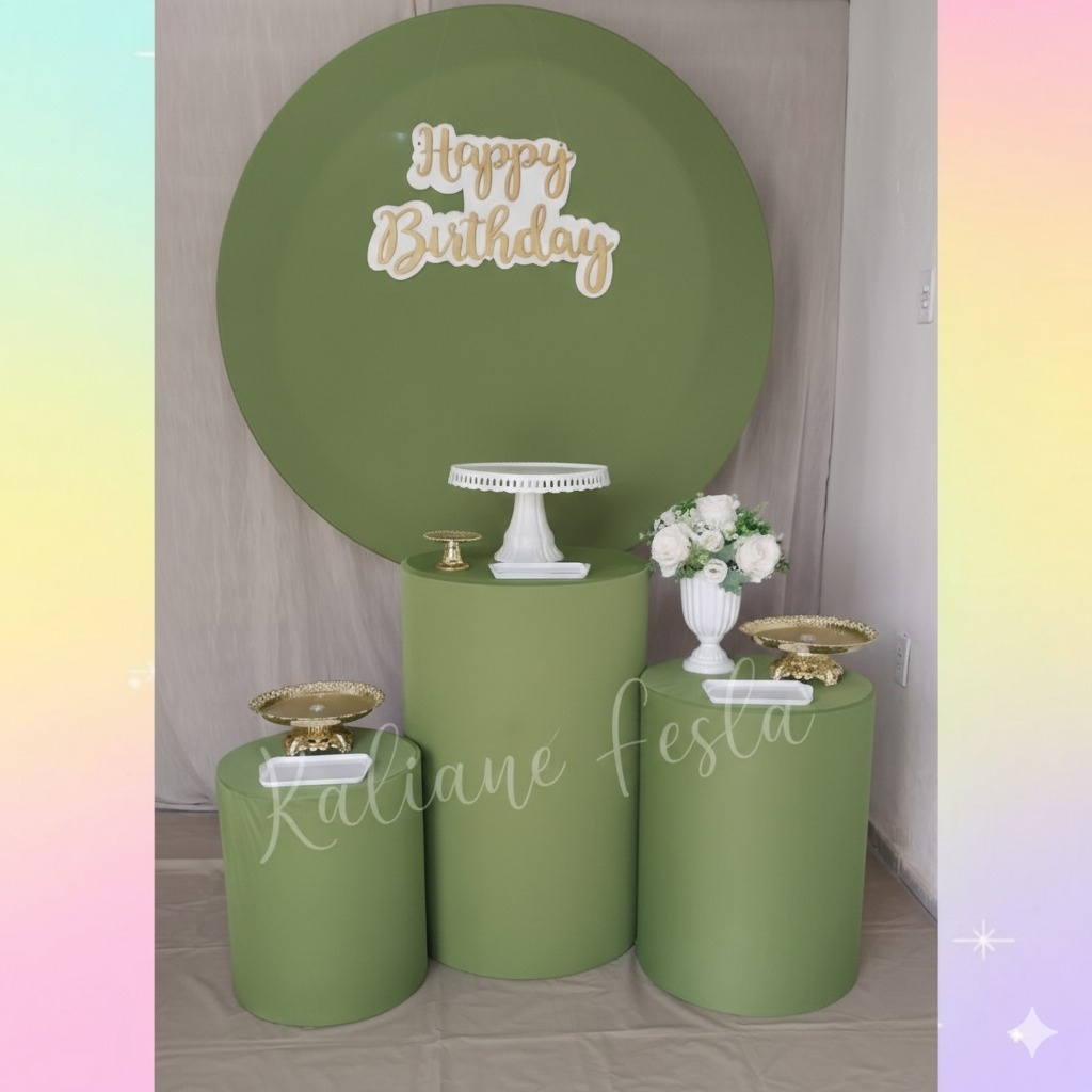 Verde Oliva Com Branco E Dourado Redondo - Kit Redondo Classic - Kaliane Festa Pegue e Monte