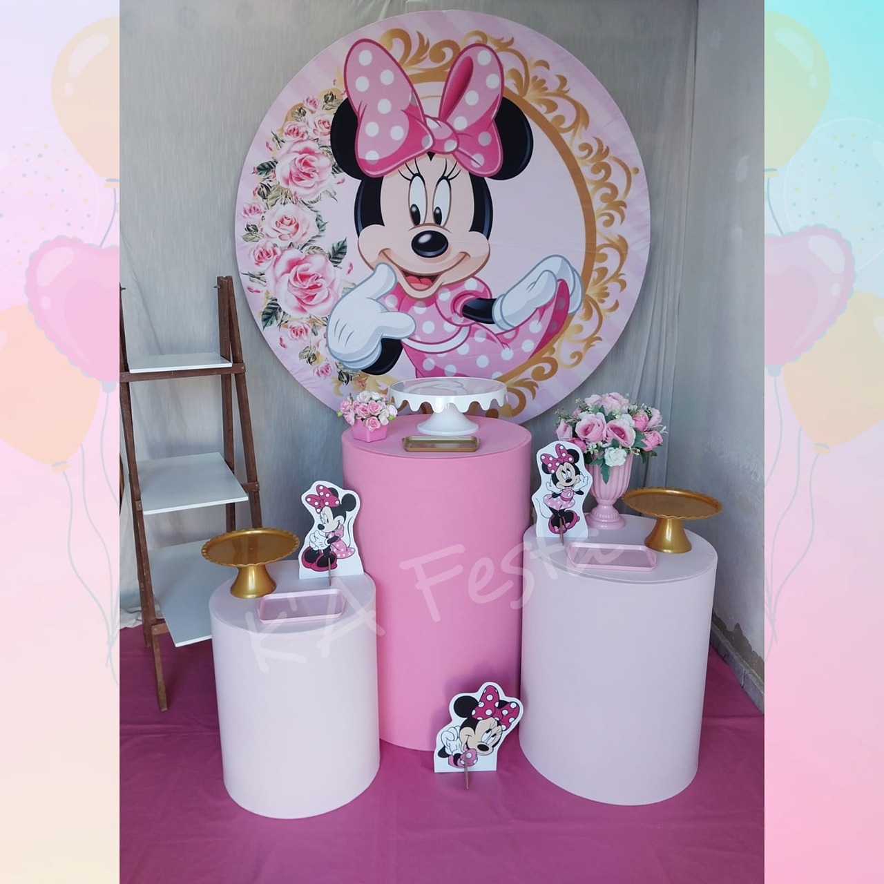  Minnie Rosa E Dourado - Kit Prata  - Kaliane Festa Pegue e Monte