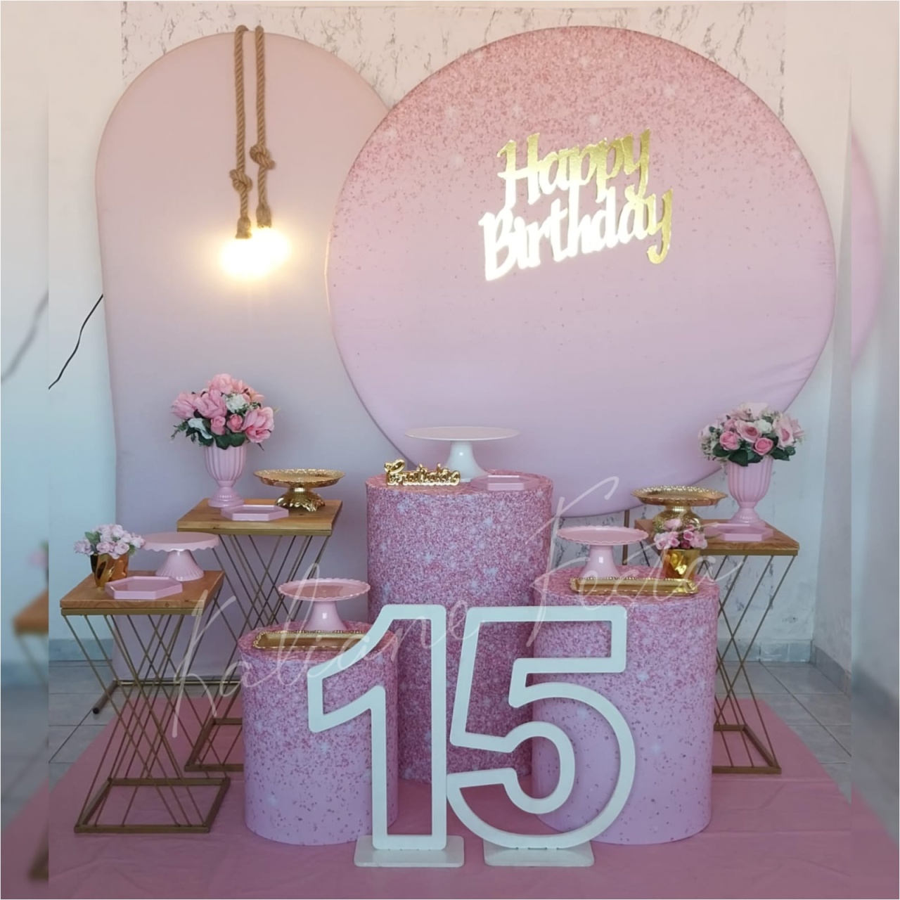 Kit Super Luxo Cilindros + Mesas de Ferro - Rosa Glitter - Kaliane Festa Pegue e Monte