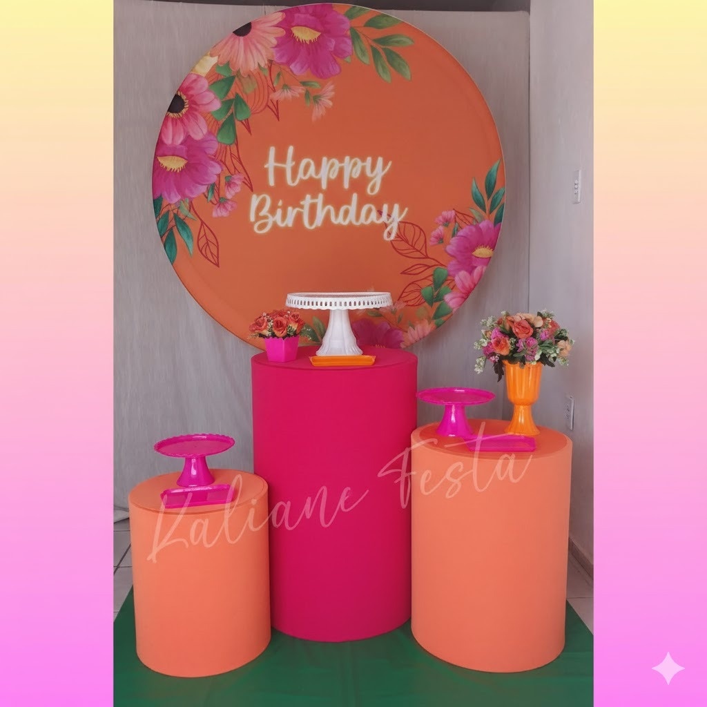 Laranja E Pink Happy Brithday Redondo- Kit Redondo Classic - Kaliane Festa Pegue e Monte