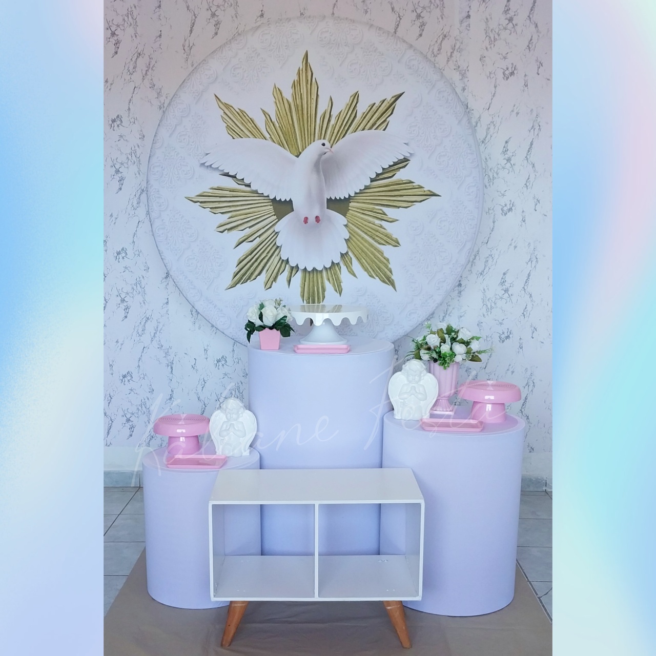 Batizado Espírito Santo Rosa - Kit Prata - Kaliane Festa Pegue e Monte