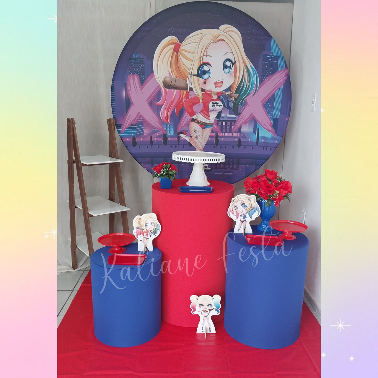  Arlequina Azul E Vermelho - Kit Prata - Kaliane Festa Pegue e Monte