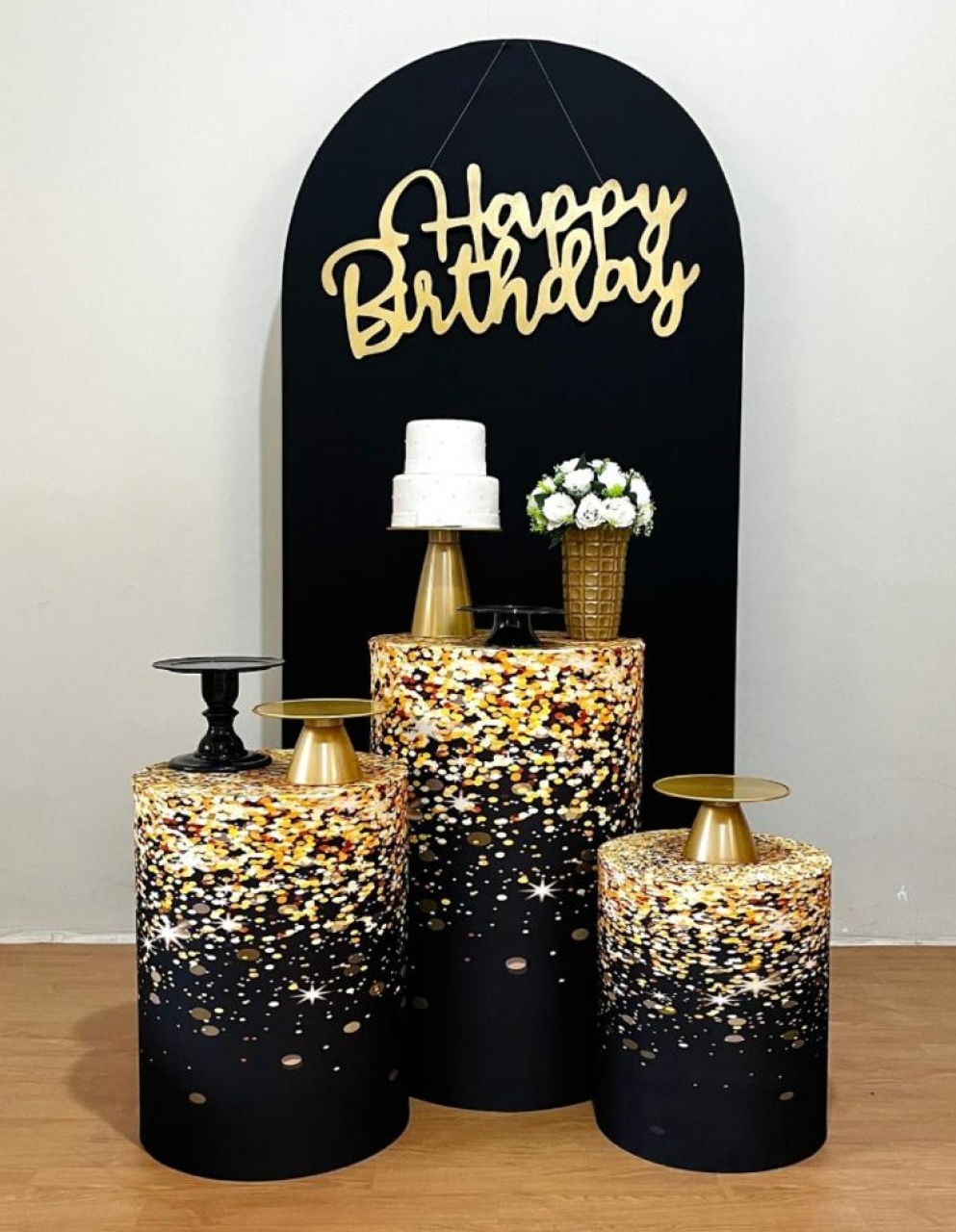 Happy Birthday Preto/Dourado Com Cilindro Ii - FestAí Pegue Monte