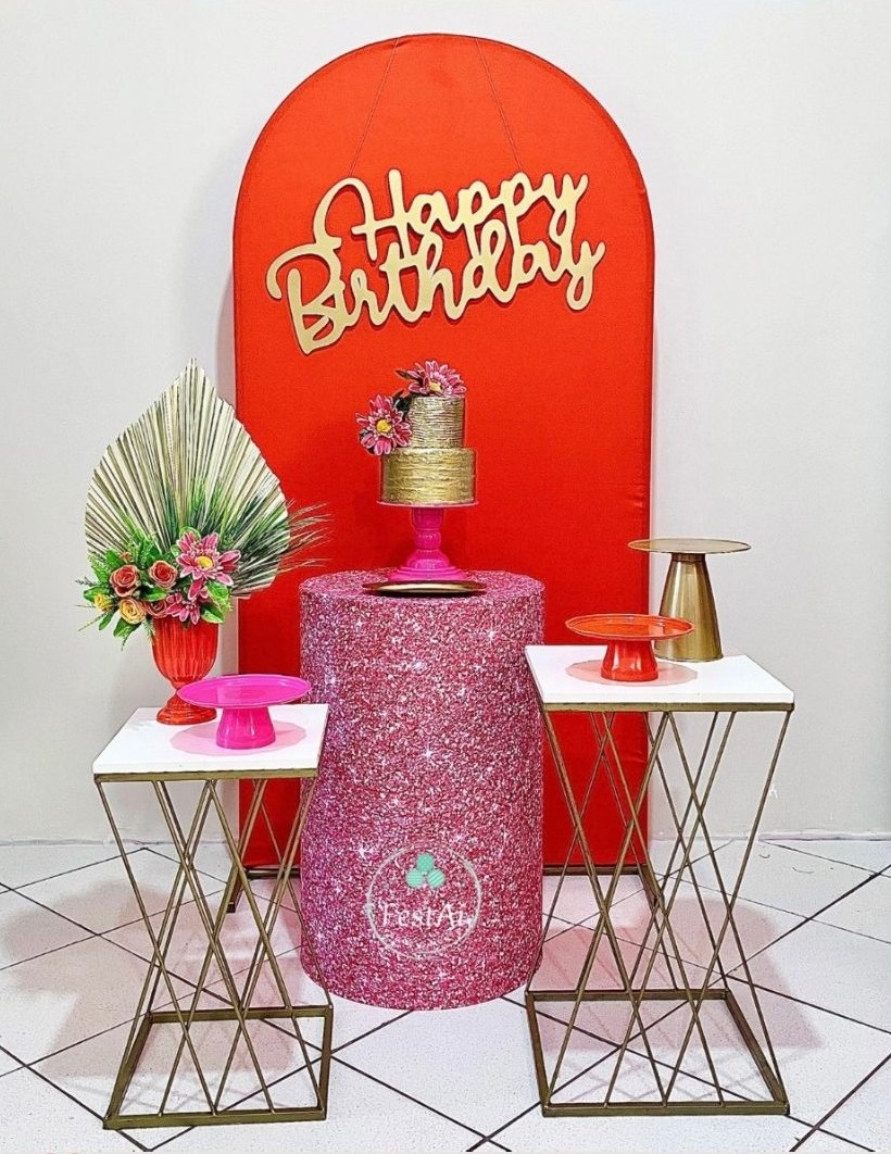 Kit Happy Bday Laranja E Pink - Composição Com Mesas Treliças - FestAí Pegue Monte