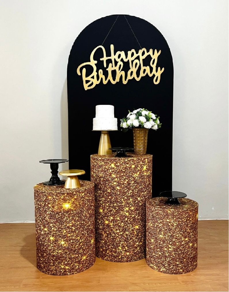 Kit Happy Bday Preto Com Cilindros Dourados - FestAí Pegue Monte