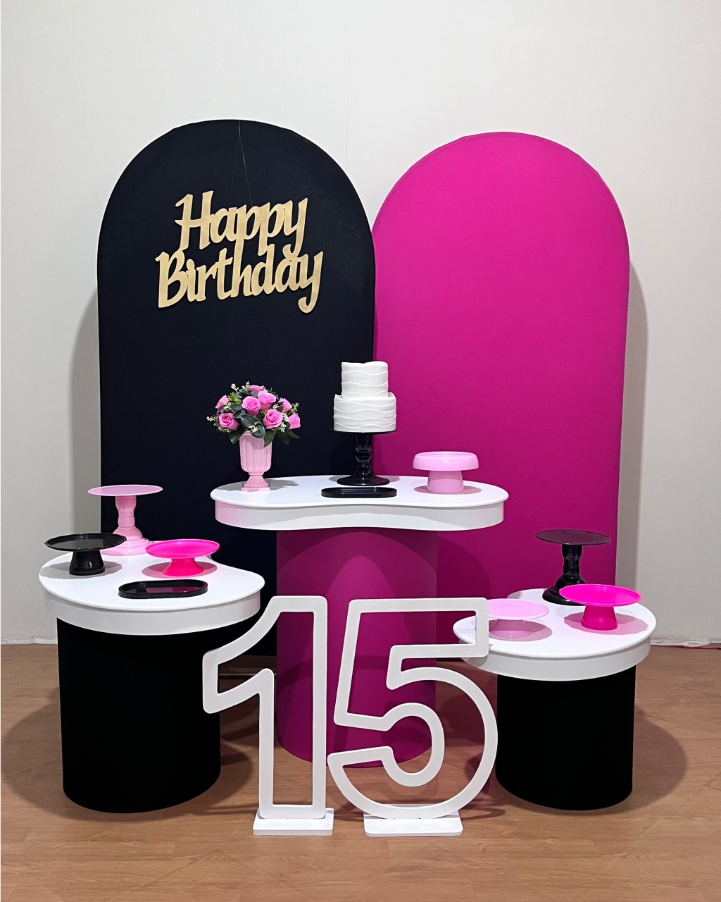 15 Anos Happy Bday - Pink E Preto Comp. Organica G - FestAí Pegue Monte