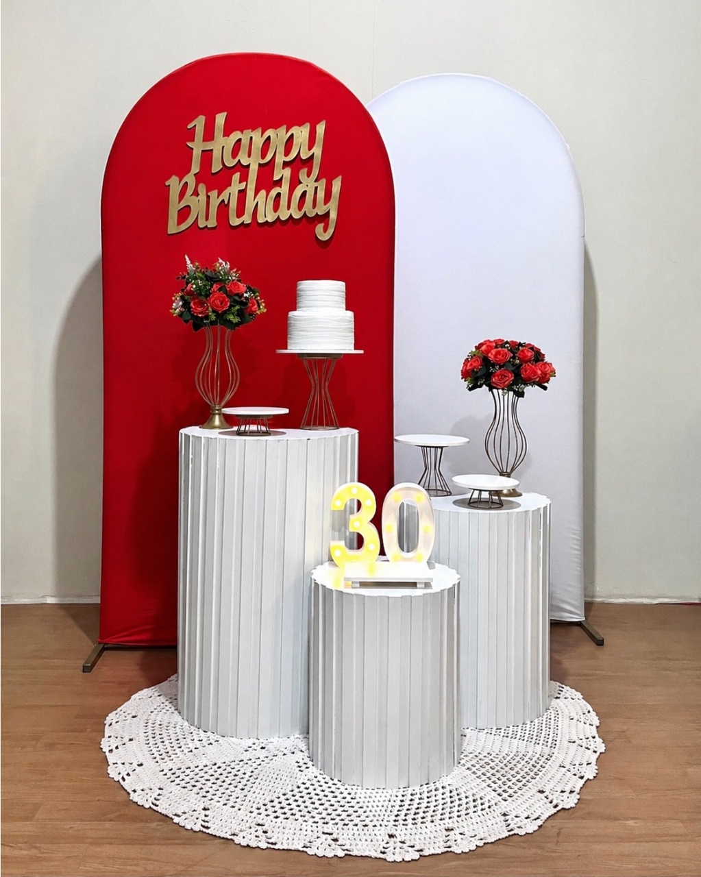 Kit Happy Bday Vermelho E Branco Duplo - Cilindro Ripado - FestAí Pegue Monte