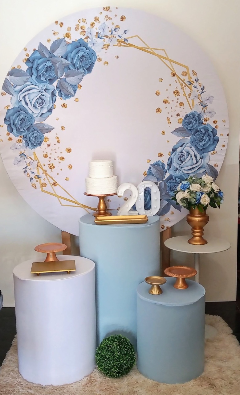 Floral Azul Com Dourado Carinho  - Decorar  Festas e Locacoes