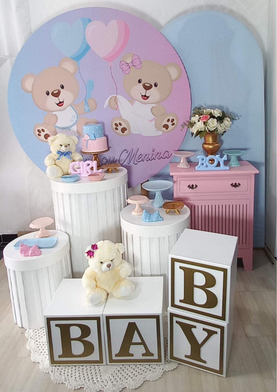 Cha Rev. Azul Com Rosa Ursinho Luxo1 - Decorar  Festas e Locacoes