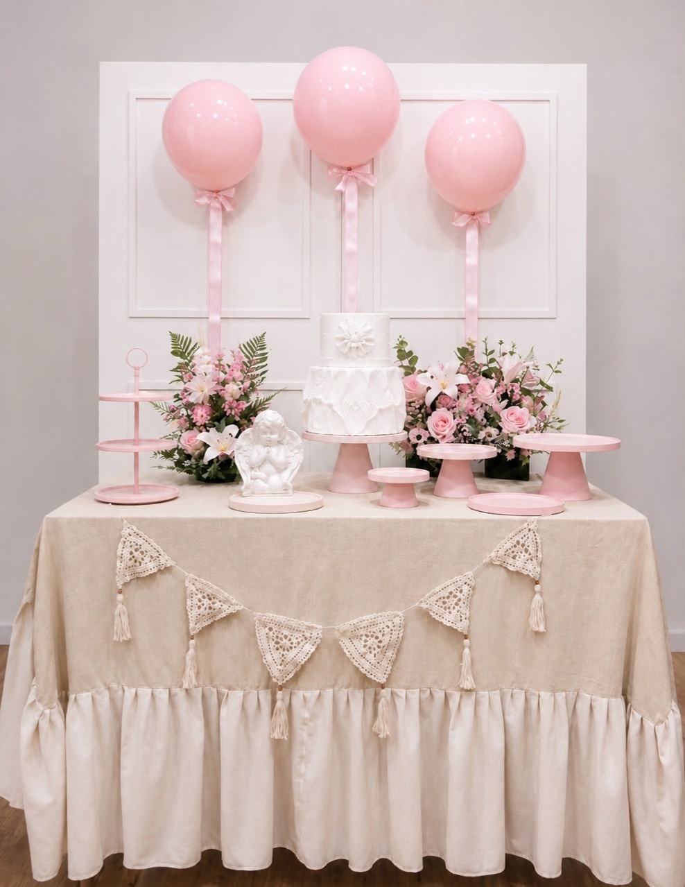 Decoração Com Toalha - Batizado Rosa - Tetris Festa 