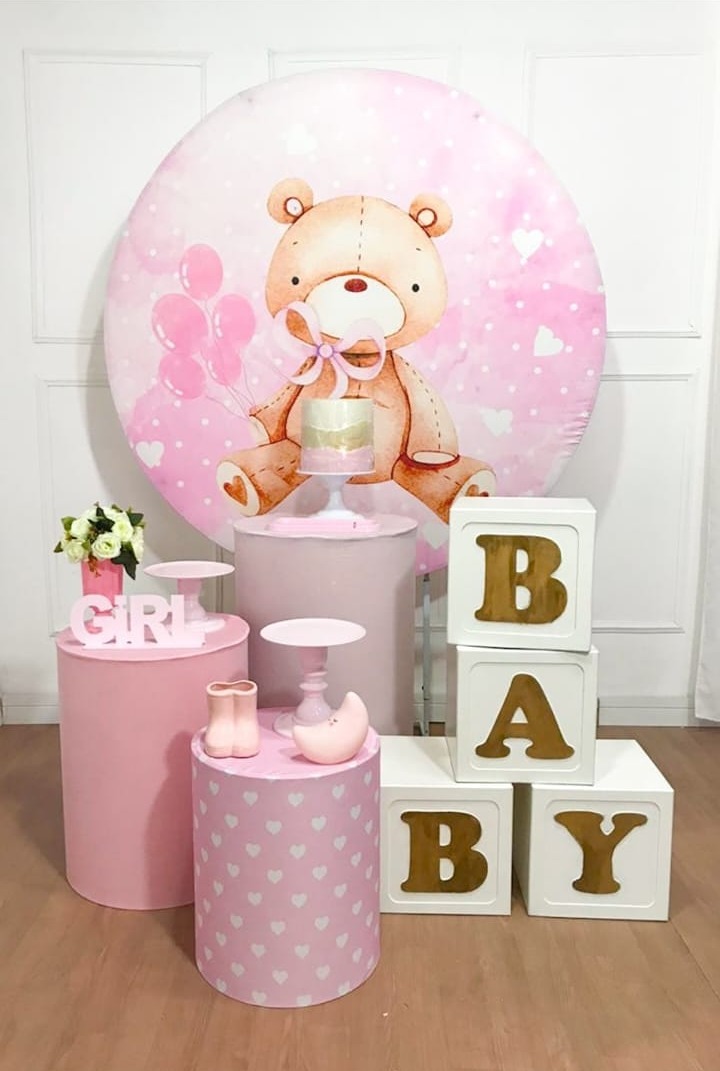 Chá de Bebê Menina Rosa Urso - Prata - Tetris Festa 