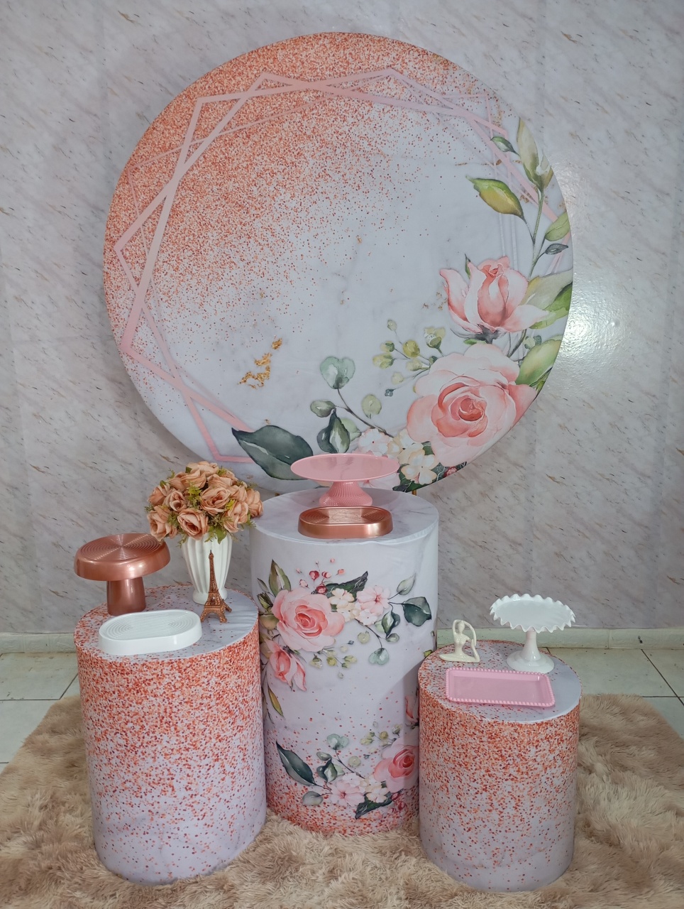 Kit Prata Floral Rosé Glitter Octagonal - Greicy Art´s Decor