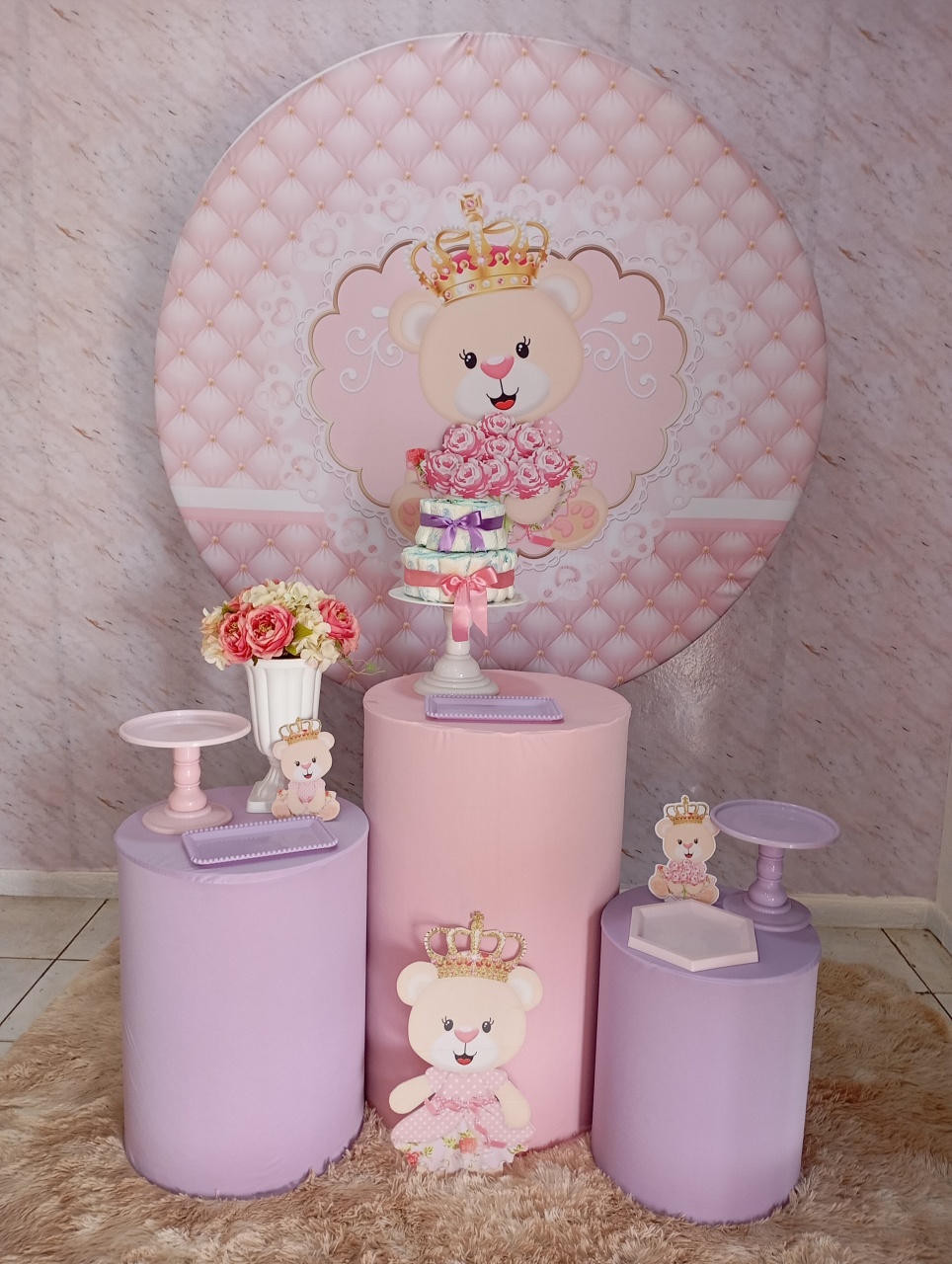 Kit Prata Ursinha Rosa E Lilás  - Greicy Art´S Decor