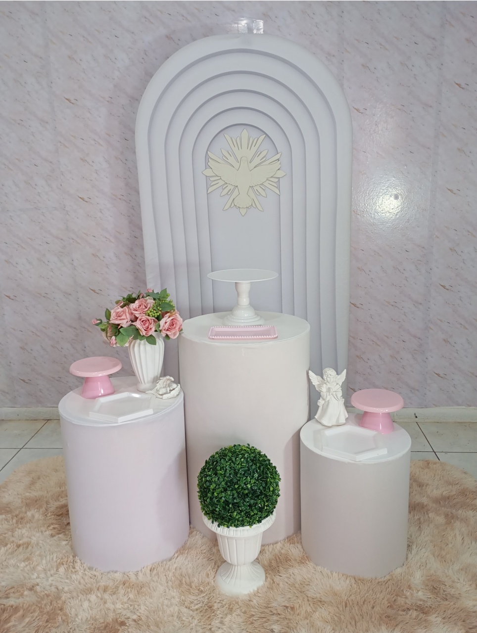 Kit Prata Batizado Portal Branco Com Rosa - Greicy Art´s Decor