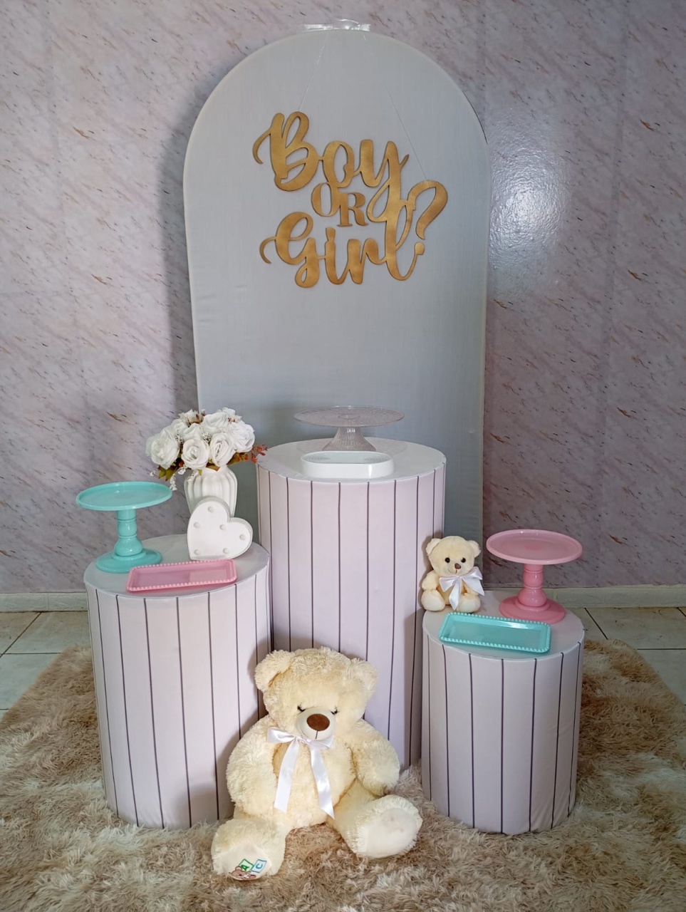Kit Prata Chá Revelação Ripado Ciano/Rosa - Greicy Art´s Decor