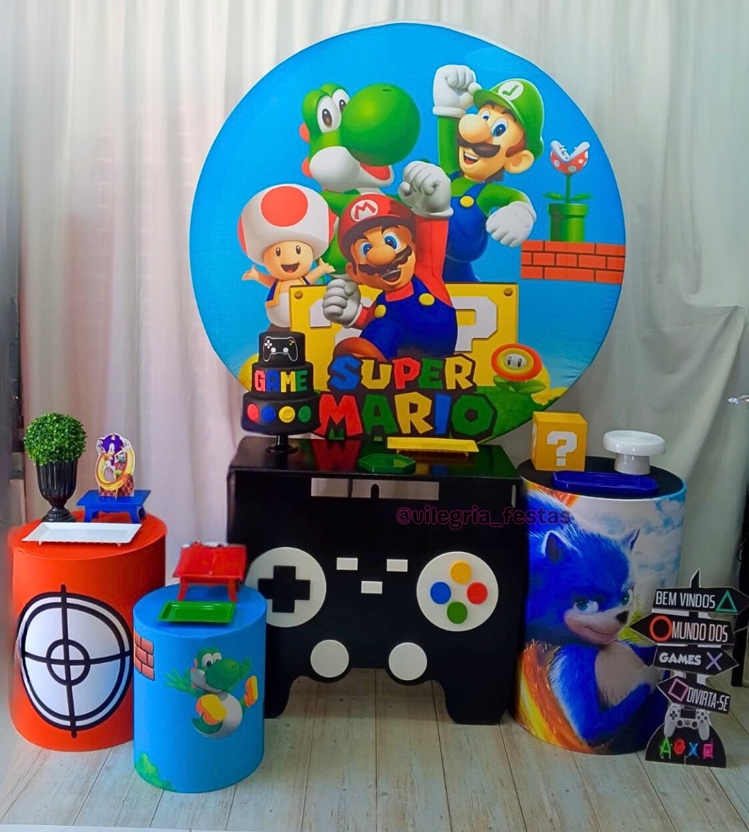 Kit Arco Íris Mesa Temática Mario Brós Games - Vilegria Festas