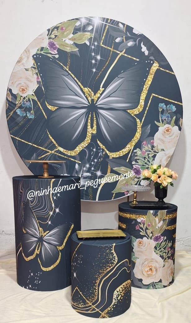 Kit Prata Borboleta Preta Com Dourado  - N&M-pegue e monte