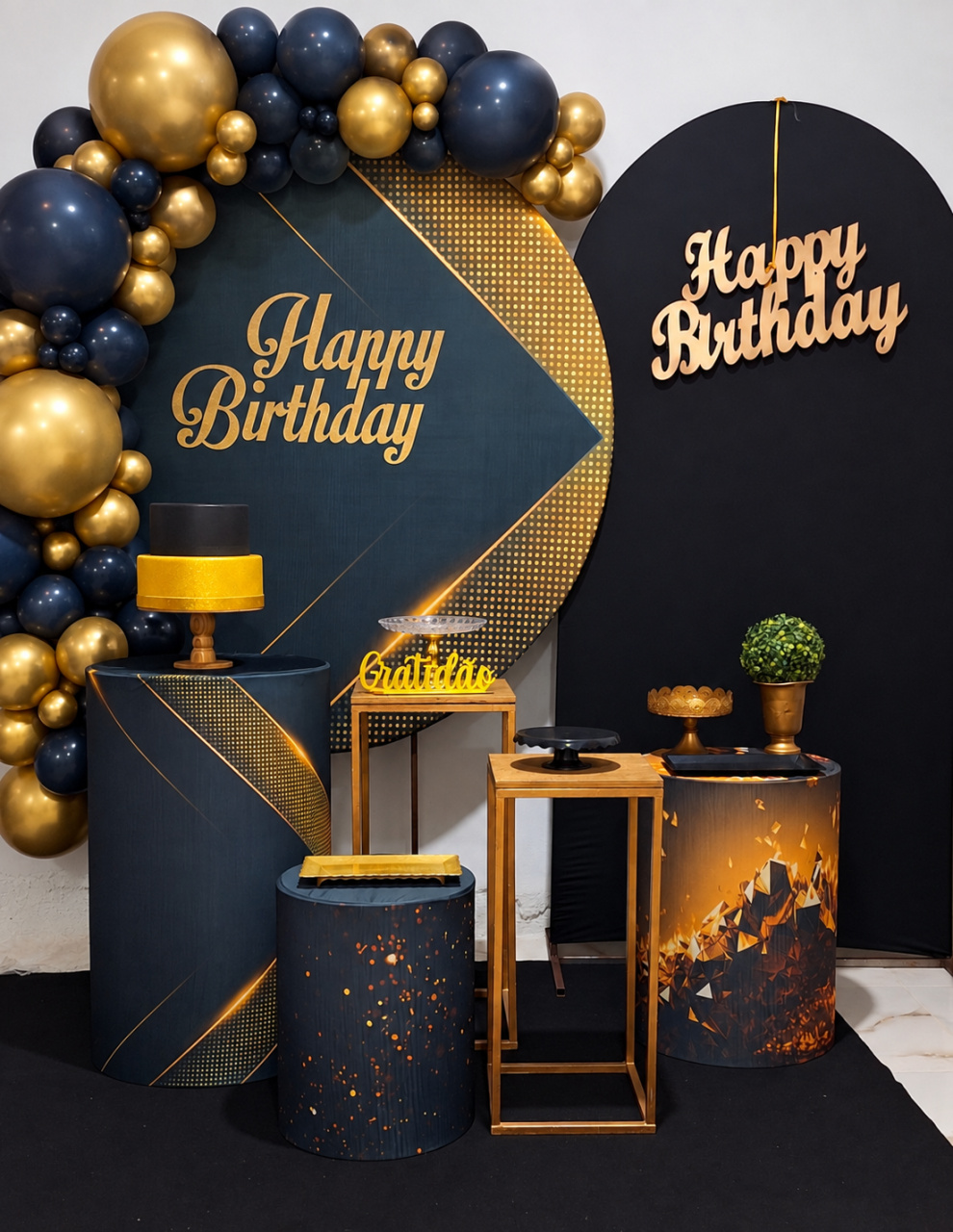 Decoração Diamante Happy Birtday Preto Dourado - N&M-pegue e monte