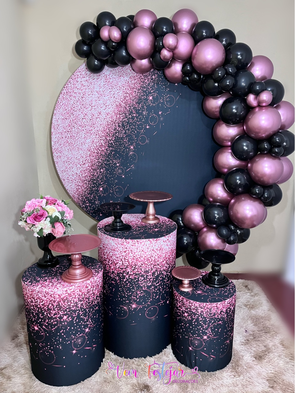 Preto E Rose Chapiscado - Festa Completa - Kit Festejar - PEGUE E MONTE CATALAGO VEM FESTEJAR PALMAS