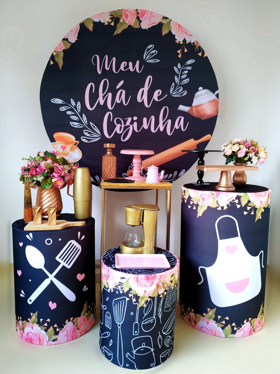 Chá de Cozinha Preto E Rosa - Kit Ouro - Beca Decorações