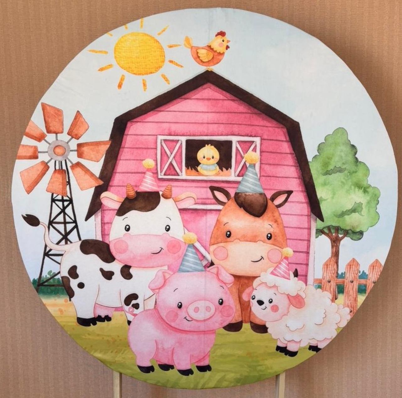 Painel Redondo Fazendinha Rosa (Locação) - Beca Decorações