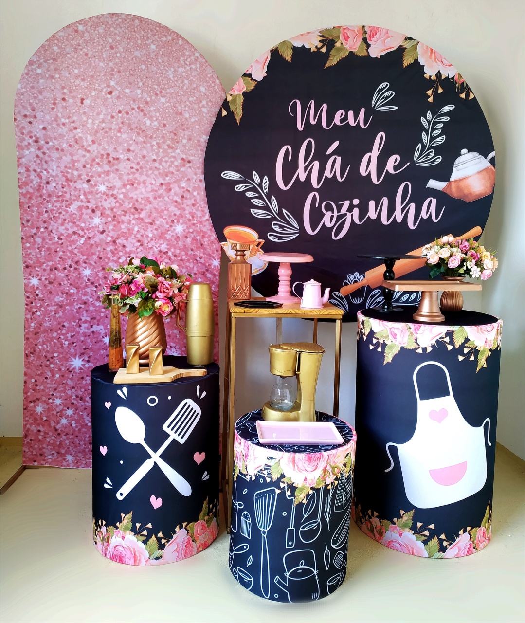 Chá de Cozinha Preto E Rosa - Kit Diamante  - Beca Decorações