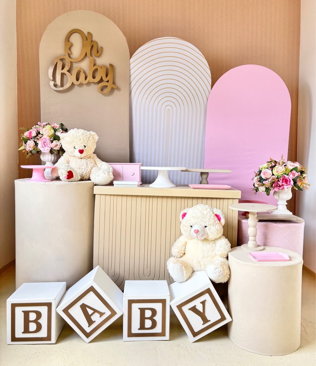Chá de Bebê Rosa E Bege (Composição) - Beca Decorações