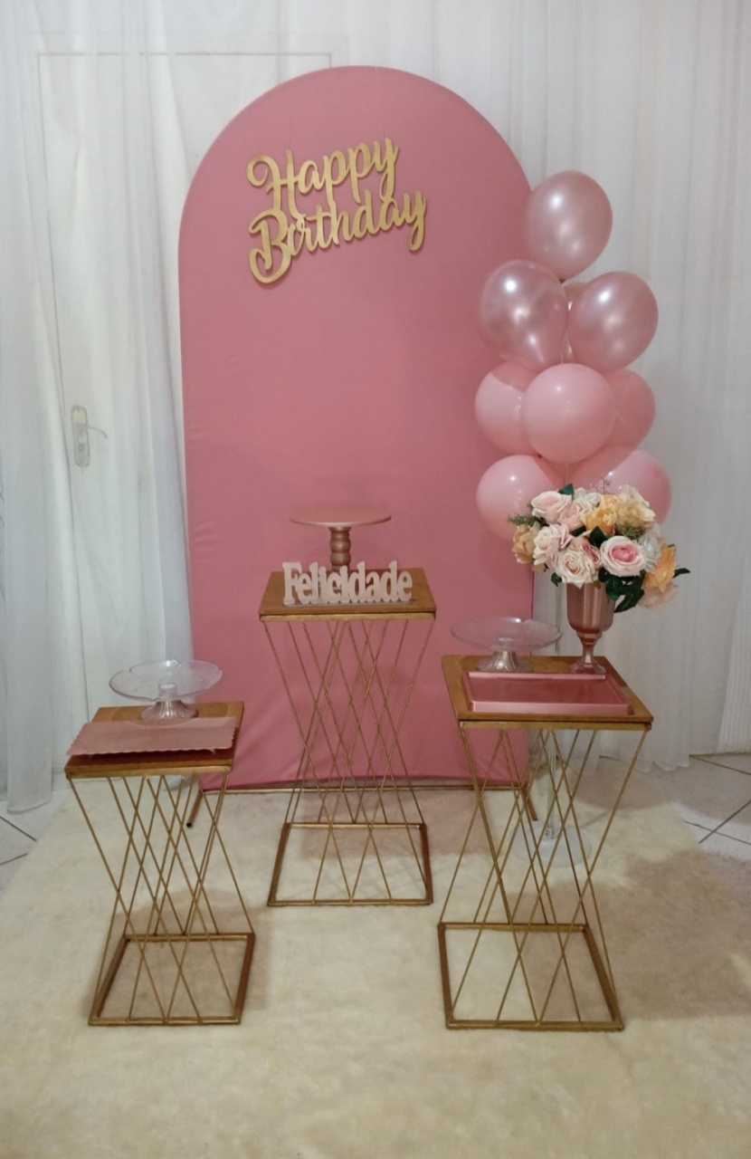 Kit Básico - Happy Birthday - Painel Romano Pink / Rosé Gold - Bonequinha Preta Festas