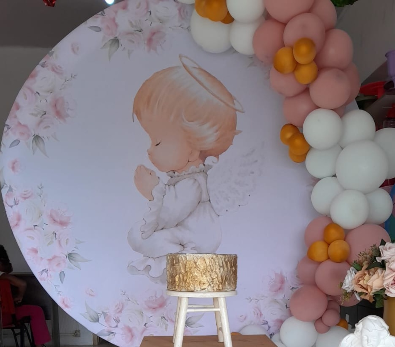 Capa Para Painel Redondo Batizado Menina- 1,5Mt  - Bonequinha Preta Festas