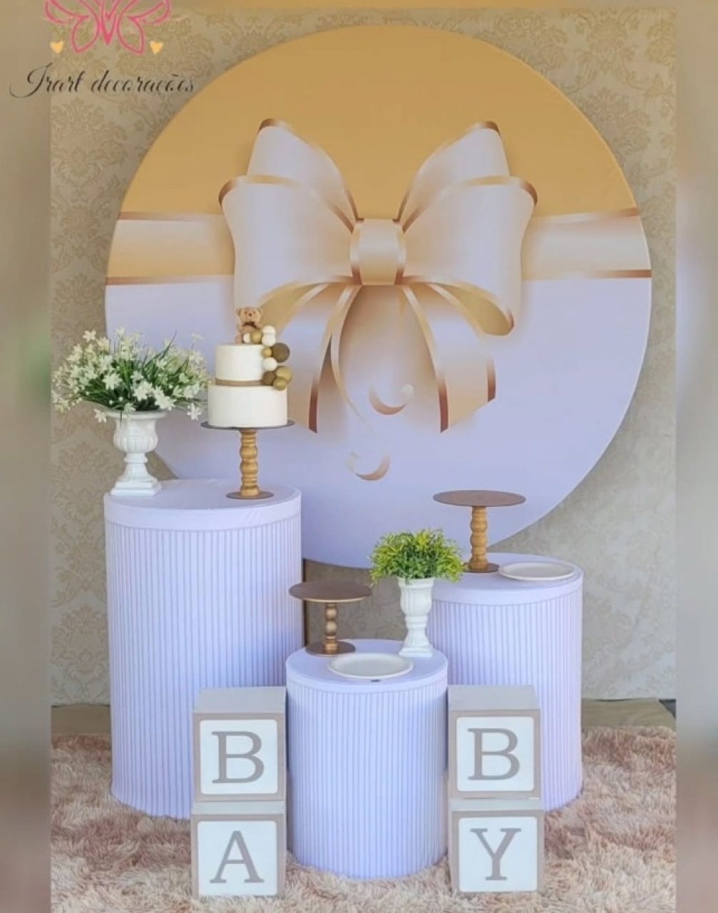 Kit 01 Chá de Bebe Laço Dourado  Com Blocos Baby - Irartdecorações Pegue & MONTE