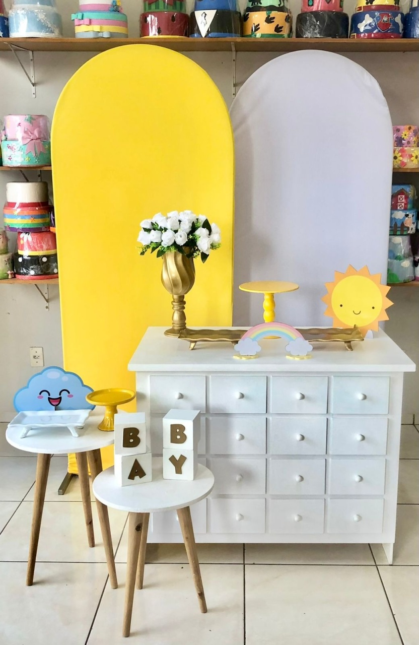 Romano Amarelo E Branco - Chá de Bebê - Chá Revelação  - Catálogo Tay pegue e monte