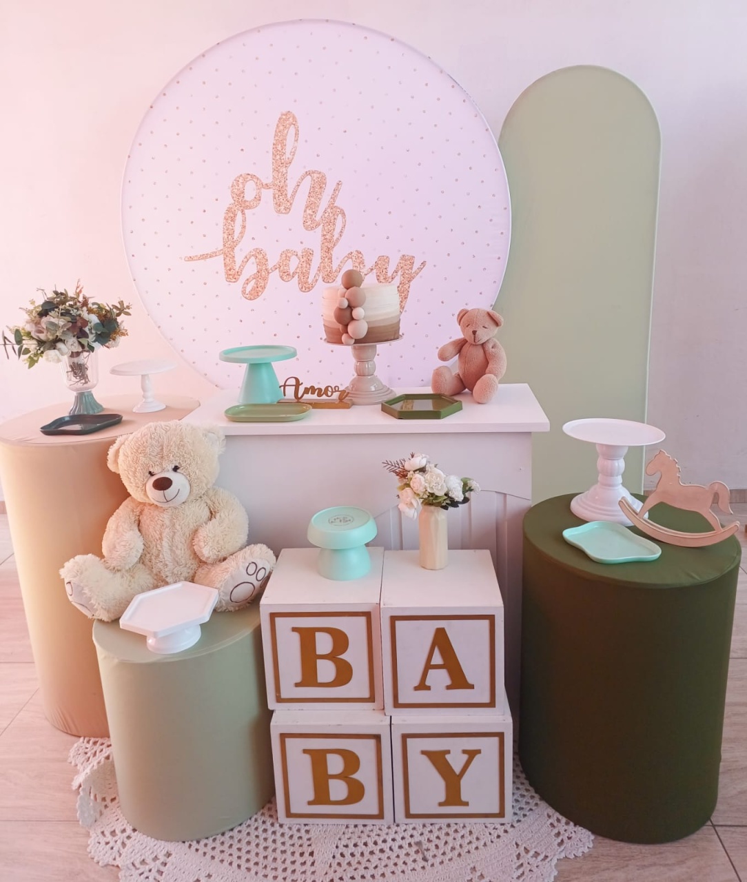 Cha de Bebe Urso Tons de Verde Com Cubo Baby  - Bella decor by Tamires
