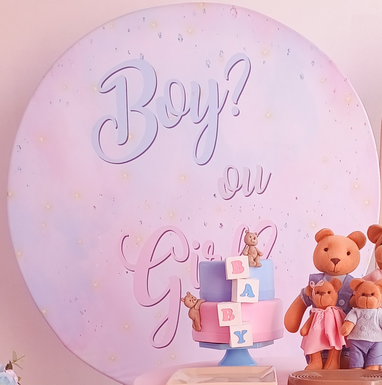  Painel Redondo Urso Cha Revelação Escrita Boy E Girl 1,30 - Bella decor by Tamires