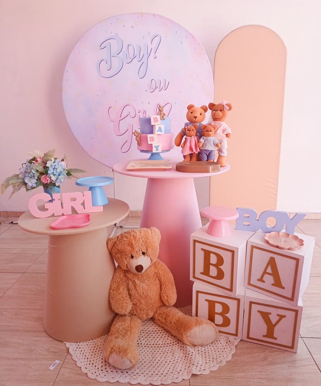 Cha Revelação Bege ,Rosa E Azul Bebe Modelo 3  - Bella decor by Tamires